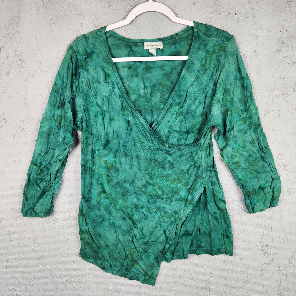 Vintage Kintamani Shirt Womens Medium Green V Neck Asymmetrical Tunic Top Boho